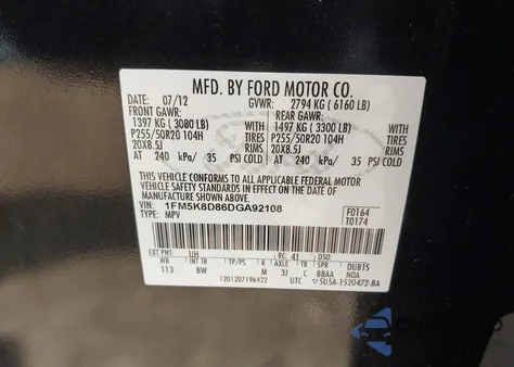 2013 Ford Explorer Xlt from USA, damaged, VIN 1FM5K8D86DGA92108